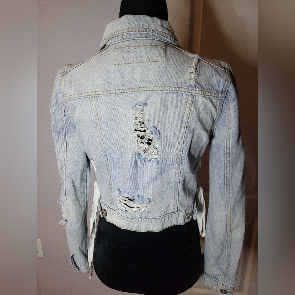 POL Light Blue Distressed Jean Jacket With Side Tie Up. Sz M. NWOT *Callout - Picture 5 of 8